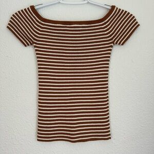 Madewell ribbed striped off the shoulder fitted blouse brown orange white Sz XS